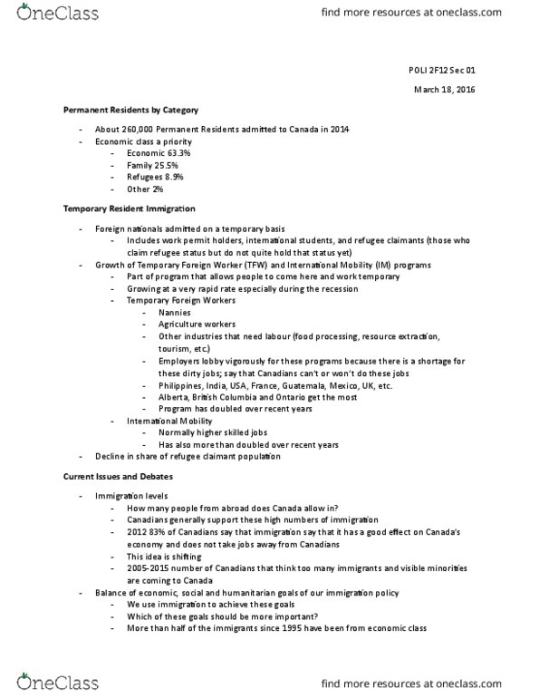 POLI 2F12 Lecture Notes - Lecture 41: Unemployment Benefits, Visible Minority, Protocol Relating To The Status Of Refugees thumbnail
