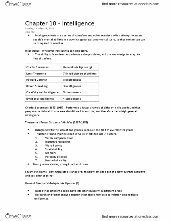 PSY 1102 Lecture Notes - Lecture 10: Louis Leon Thurstone, Robert Sternberg, Lewis Terman thumbnail