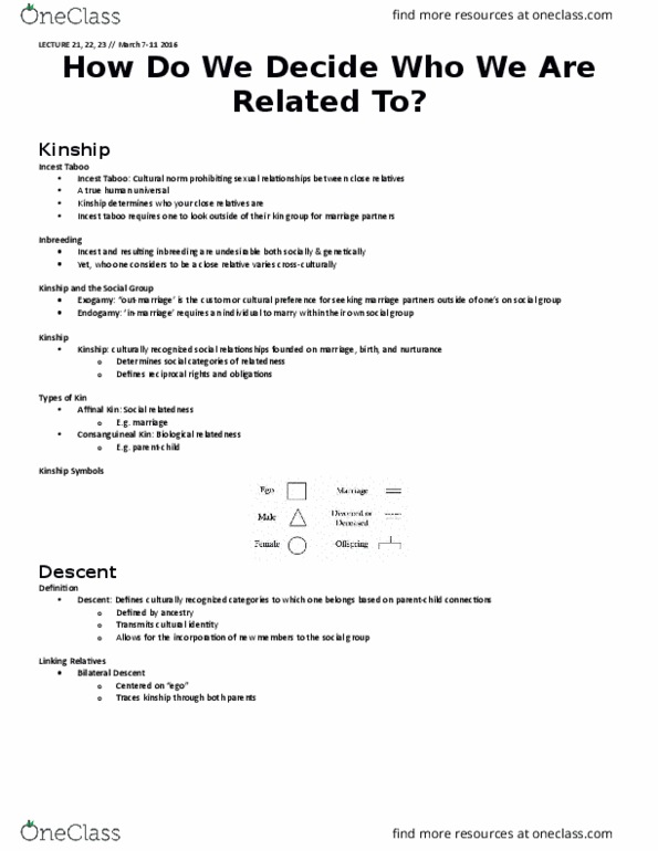 ANTHR101 Lecture Notes - Lecture 21: Incest Taboo, March Engineering, Incest thumbnail