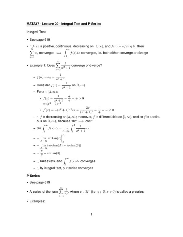 MATA37H3 Lecture Notes - Lecture 20: Integral Test For Convergence, Ibm System P, Improper Integral thumbnail