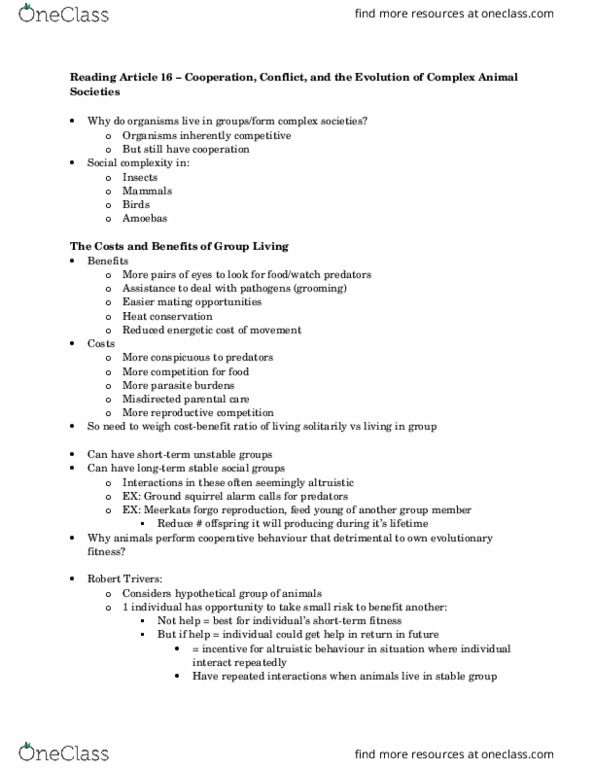 BIO220H1 Chapter Notes - Chapter 16: Robert Trivers, Haplodiploidy, Cooperative Breeding thumbnail