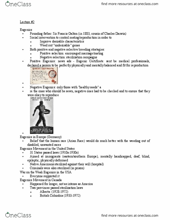 SOCI 230 Lecture Notes - Lecture 2: Eugenics, Social Darwinism thumbnail