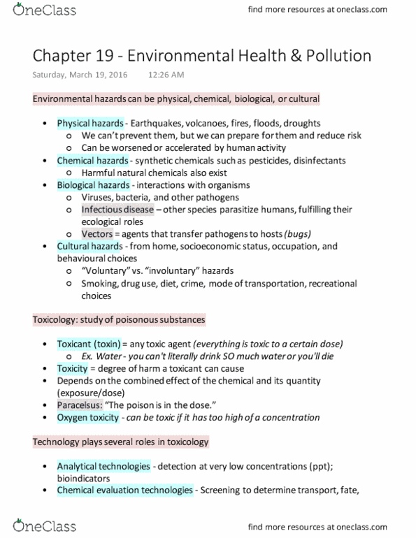 ENV100Y5 Lecture Notes - Lecture 63: Oxygen Toxicity, Bioindicator, Toxicant thumbnail