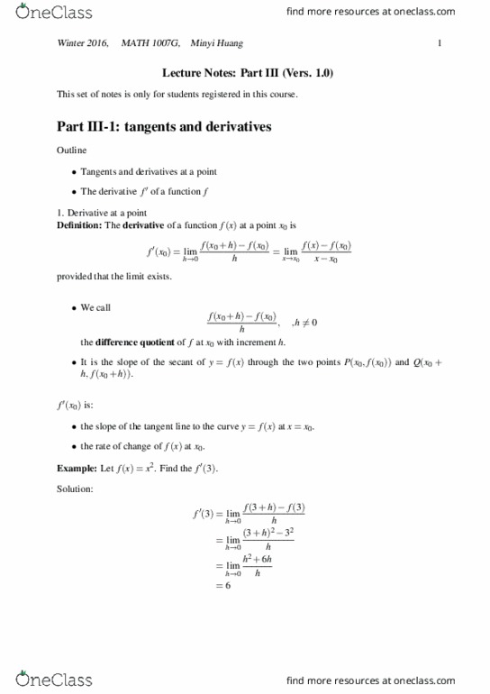 MATH 1007 Lecture Notes - Lecture 15: Differentiation Rules, Power Rule, Differentiable Function thumbnail