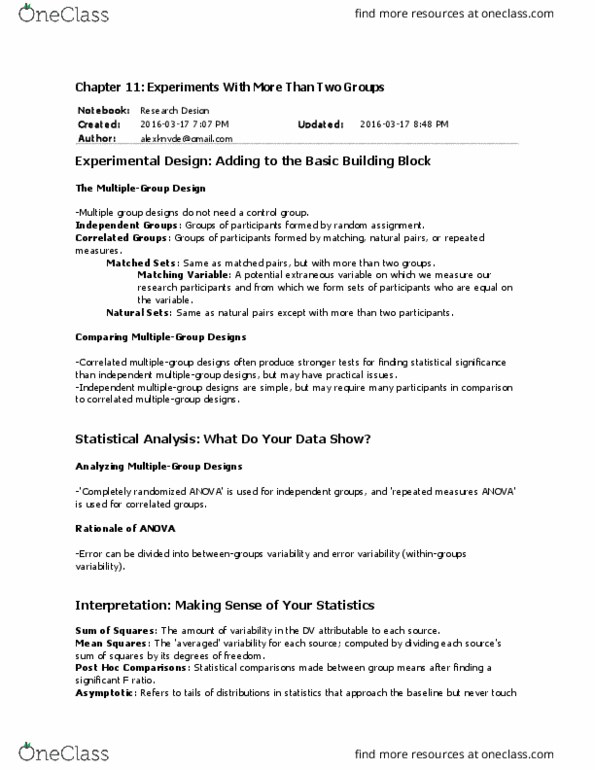 PSYCO212 Chapter Notes - Chapter 11: Dependent And Independent Variables, Repeated Measures Design, Statistical Significance thumbnail