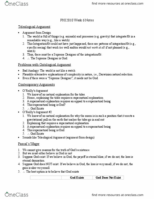 PHI 2010 Lecture Notes - Lecture 11: Teleological Argument, Ontological Argument, Theism thumbnail