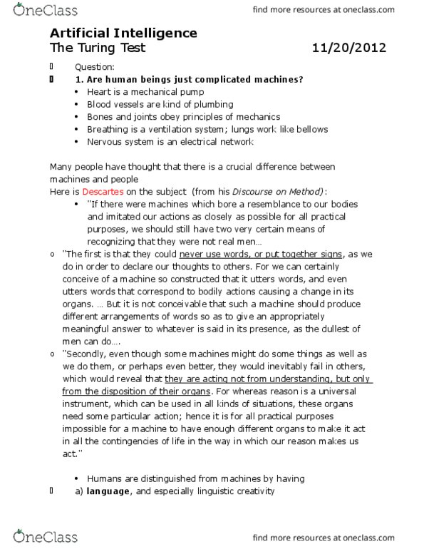 Philosophy 1020 Lecture Notes - Lecture 21: Turing Test, Electrical Network, Chemical Castration thumbnail