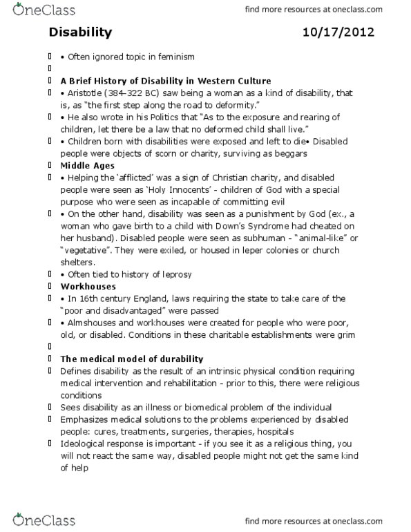 Women's Studies 1020E Lecture Notes - Lecture 4: Disability Rights Movement, Disability Studies, Almshouse thumbnail