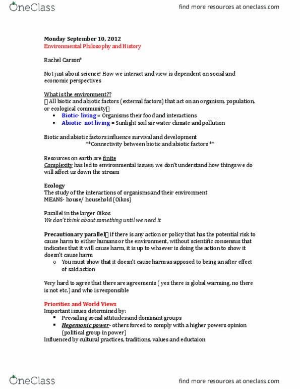 Environmental Science 1021F/G Lecture Notes - Lecture 1: Rachel Carson, Anthropocentrism, Resource Depletion thumbnail