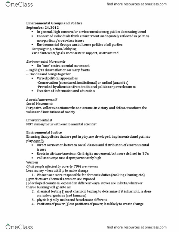 Environmental Science 1021F/G Lecture Notes - Lecture 3: Environmental Movement, Environmental Science, Environmental Policy thumbnail