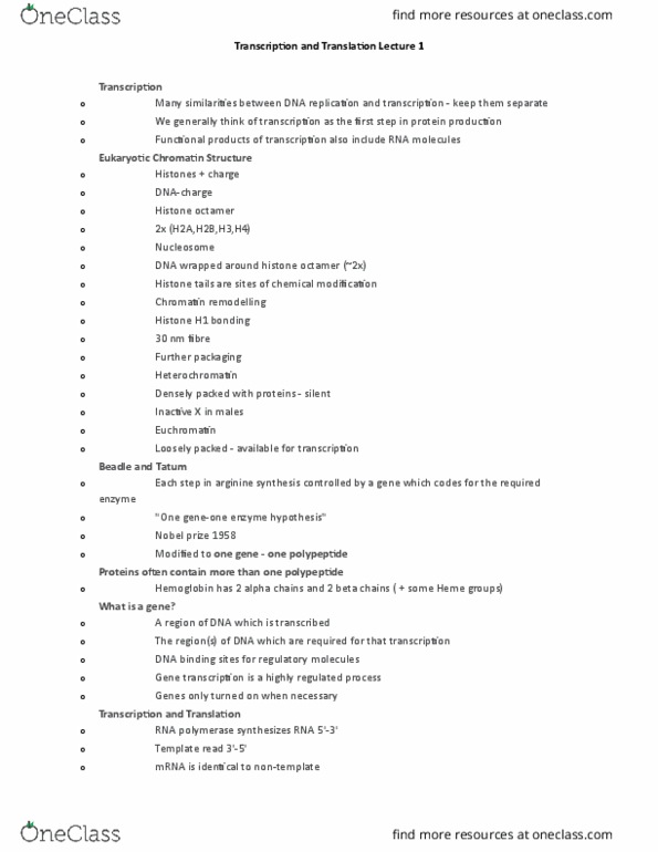 Biology 1202B Lecture Notes - Lecture 11: Histone Octamer, Histone H1, Eukaryotic Transcription thumbnail