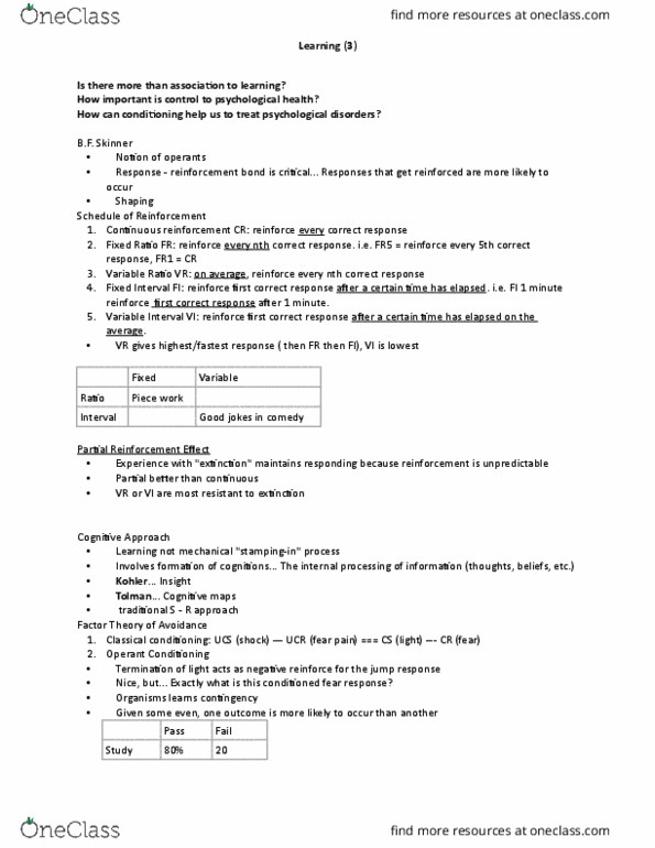 Psychology 1000 Lecture Notes - Lecture 5: Learned Helplessness, Piece Work, Classical Conditioning thumbnail