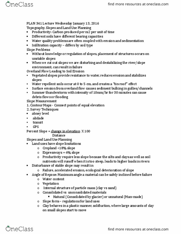 PLAN341 Lecture Notes - Lecture 4: Shear Strength, Slope Stability, Alidade thumbnail