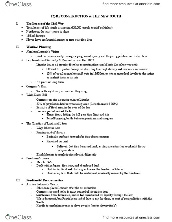 HIS271Y1 Lecture Notes - Lecture 12: Sharecropping, Reconstruction Era, Edwin Stanton thumbnail