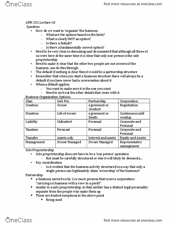 AFM231 Lecture Notes - Lecture 18: Limited Liability Partnership, Sole Proprietorship, Limited Partnership thumbnail