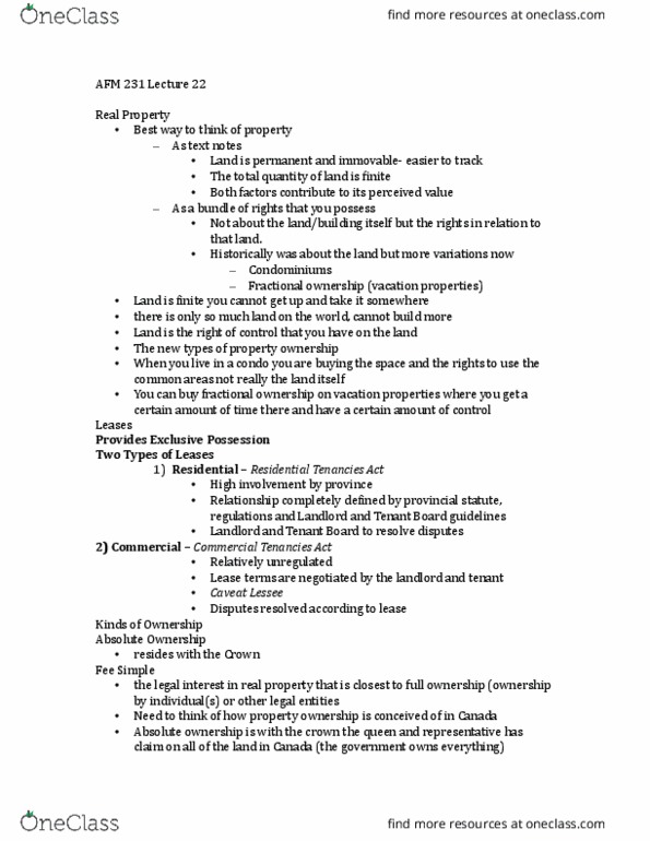 AFM231 Lecture Notes - Lecture 22: Fractional Ownership, Concurrent Estate, Fee Simple thumbnail