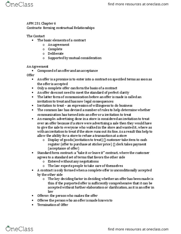 AFM231 Chapter Notes - Chapter 6: Standard Form Contract, Cash Register, Fax thumbnail