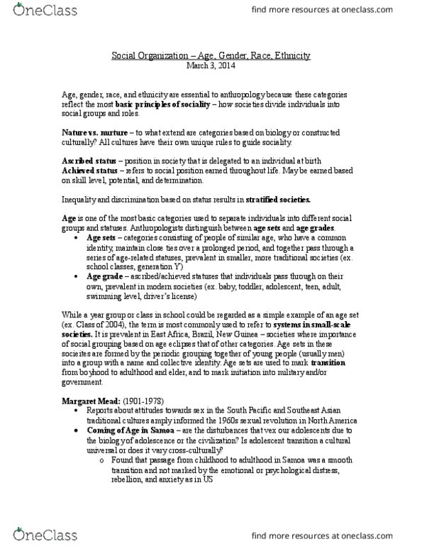 ANTHROP 1AB3 Lecture Notes - Lecture 7: Ascribed Status, Margaret Mead, Achieved Status thumbnail