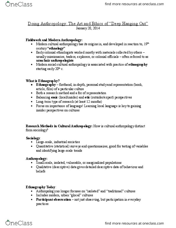 ANTHROP 1AB3 Lecture Notes - Lecture 3: Cultural Anthropology, Ethnography, Emic And Etic thumbnail