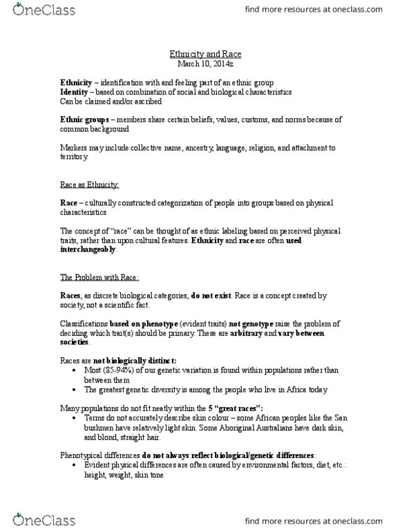 ANTHROP 1AB3 Lecture Notes - Lecture 7: Caste System In India, San People, Hypodescent thumbnail