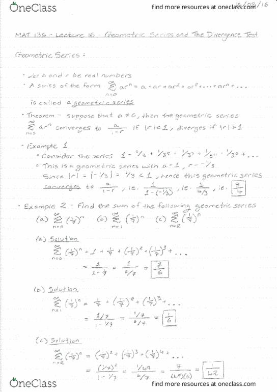 MAT136H1 Lecture 16: MAT 136 - Lecture 16 - Geometric Series and The Divergence Test thumbnail