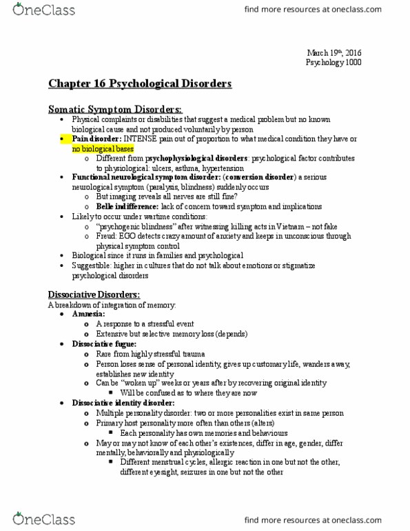 Psychology 1000 Chapter Notes - Chapter 16.2: Functional Neurological Symptom Disorder, Fugue State, Dissociative Identity Disorder thumbnail