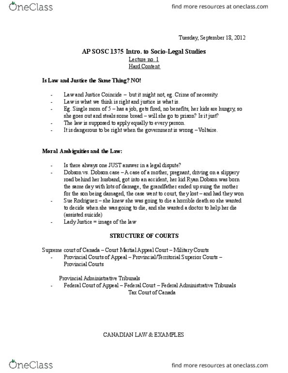 SOSC 1375 Lecture Notes - Lecture 2: Sue Rodriguez, Canadian Judicial Council, O. J. Simpson thumbnail