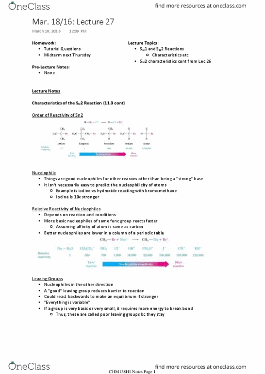 CHM136H1 Lecture Notes - Lecture 27: Rate-Determining Step, Nucleophilic Addition, Bromomethane thumbnail