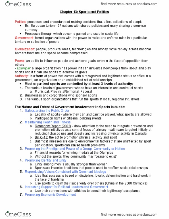 Sociology 2191A/B Chapter Notes - Chapter 13: Sport Canada, Sports Equipment, Invented Tradition thumbnail