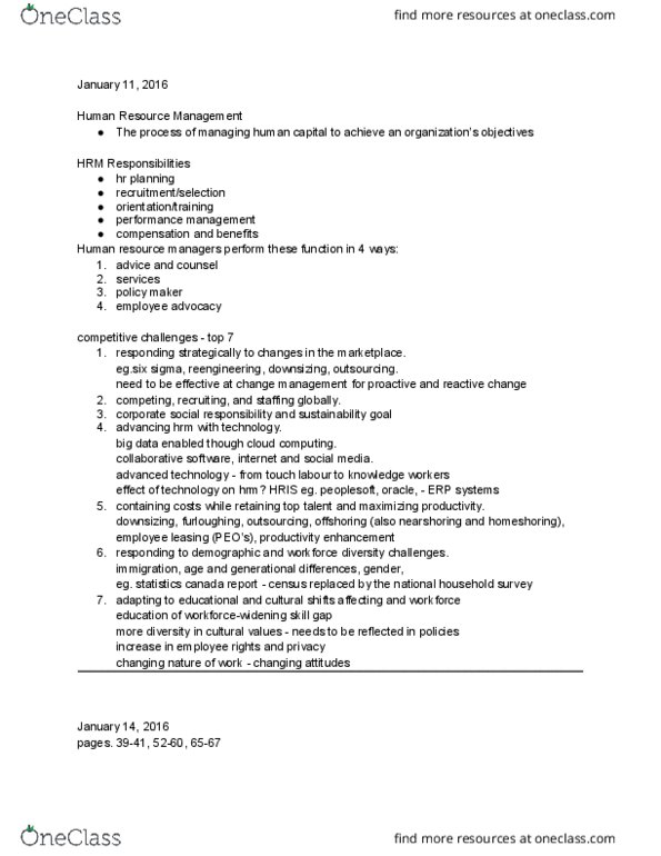 ADM 2337 Lecture 1: Human Resource Management Class Notes thumbnail