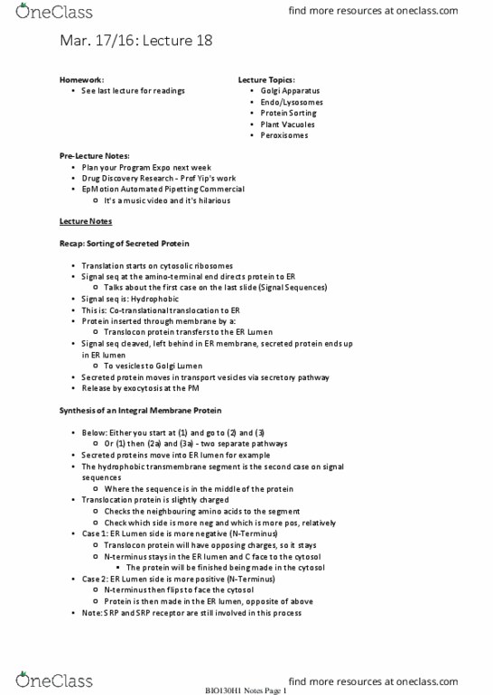 BIO130H1 Lecture Notes - Lecture 18: Translocon, Digestive Enzyme, Endosome thumbnail