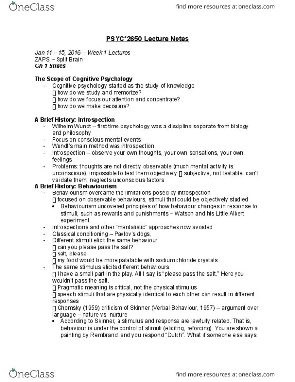 PSYC 2650 Lecture Notes - Lecture 1: Classical Conditioning, Fusiform Face Area, Cocktail Party thumbnail