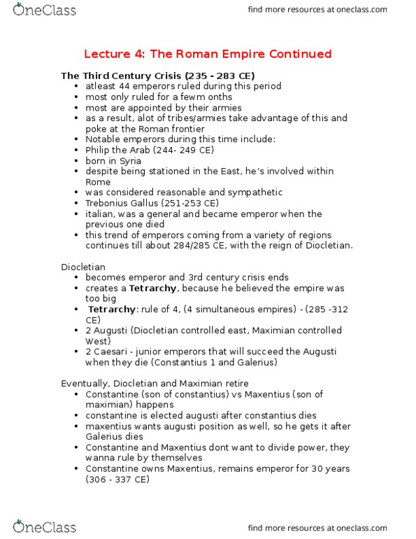 CLCV 1003 Lecture Notes - Lecture 4: Crisis Of The Third Century, Romulus Augustulus, Diocletian thumbnail