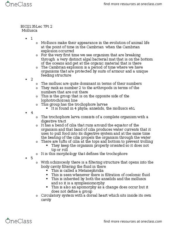 BIO 2135 Lecture Notes - Lecture 7: Coelom, Ventral Nerve Cord, Radula thumbnail