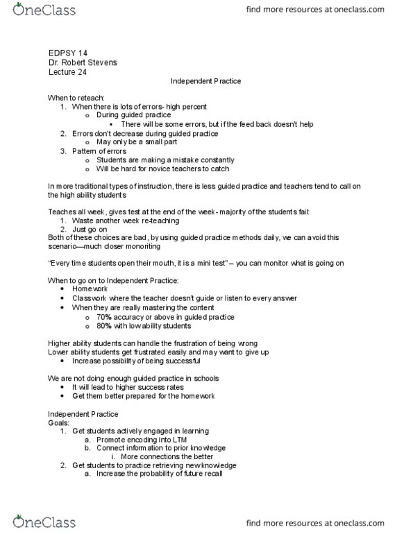 EDPSY 014 Lecture Notes - Lecture 24: Cognitive Load, Overlearning thumbnail