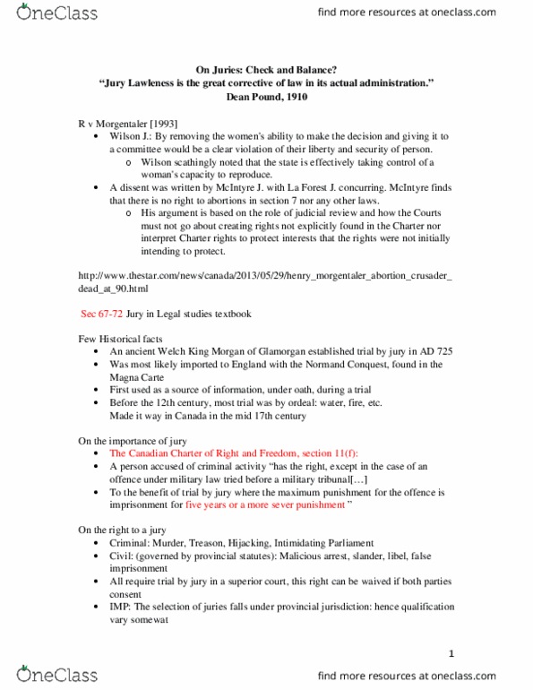 LAWS 1000 Lecture Notes - Lecture 17: Verdict, Henry Morgentaler, Peremptory Challenge thumbnail
