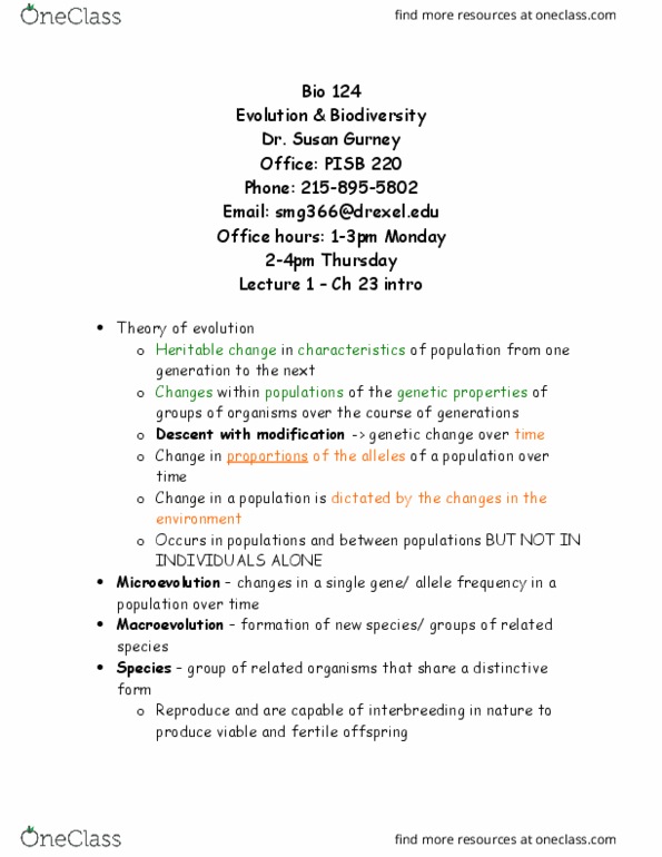 BIO 124 Lecture Notes - Lecture 1: Molecular Evolution, Antimicrobial Resistance, Pesticide Resistance thumbnail