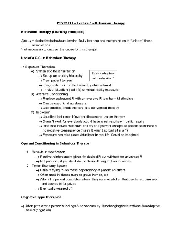 PSYC 1010 Lecture Notes - Lecture 9: Systematic Desensitization, Virtual Reality, Reinforcement thumbnail