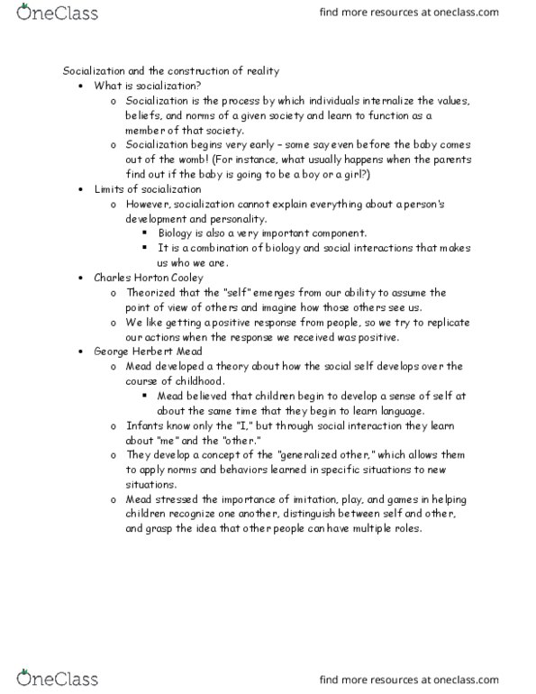 SOC 101 Lecture Notes - Lecture 2: George Herbert Mead, Total Institution, Role Conflict thumbnail