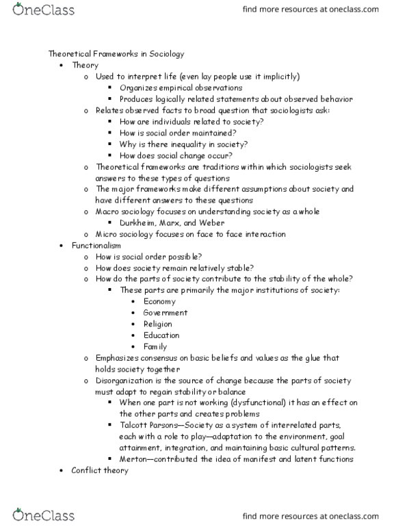 SOC 101 Lecture Notes - Lecture 4: Conflict Theories, Social Order, Religious Education In Primary And Secondary Education thumbnail