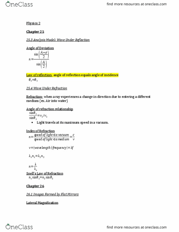 PHYS 2022 Study Guide - Fall 2015, Final - Real Image, Refraction ...