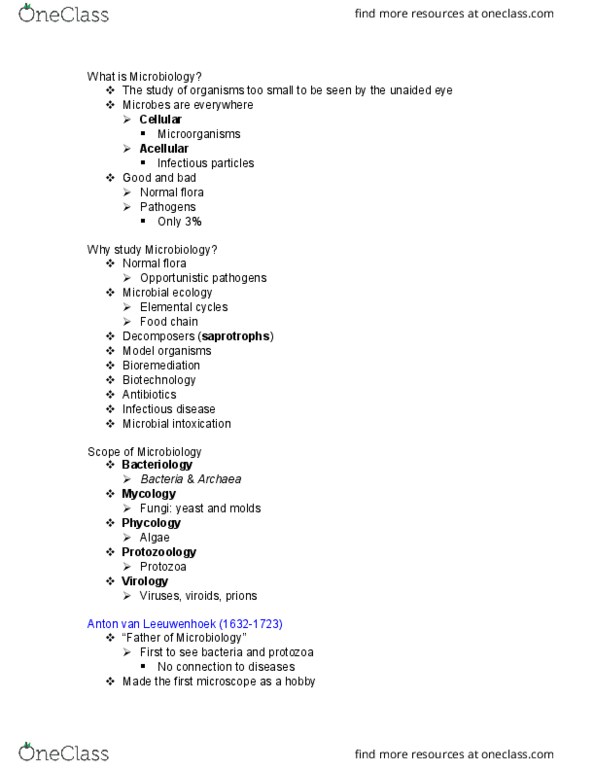 MCB 2004C Lecture Notes - Lecture 1: Antonie Van Leeuwenhoek, Antibiotics, Phycology thumbnail