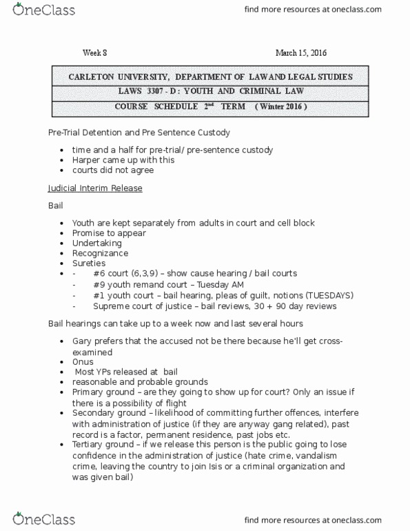 LAWS 3307 Lecture Notes - Lecture 8: Station Sergeant, Indictable Offence, Surety thumbnail