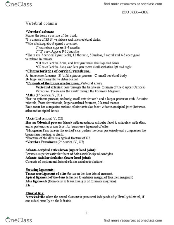 ZOO 3713C Lecture Notes - Lecture 2: Foramen Magnum, Bone Density, Splenius Cervicis Muscle thumbnail