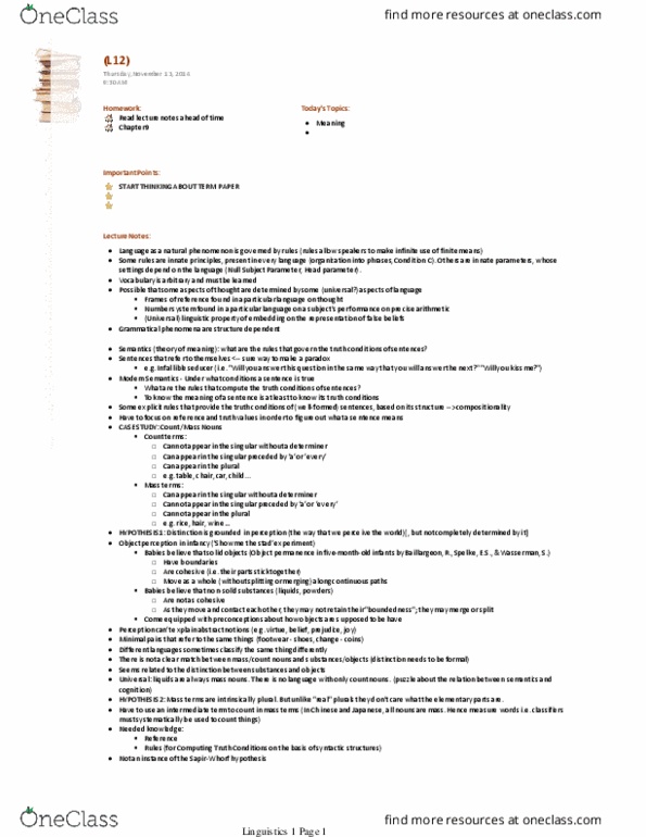 LING 1 Lecture Notes - Lecture 12: Principle Of Compositionality thumbnail