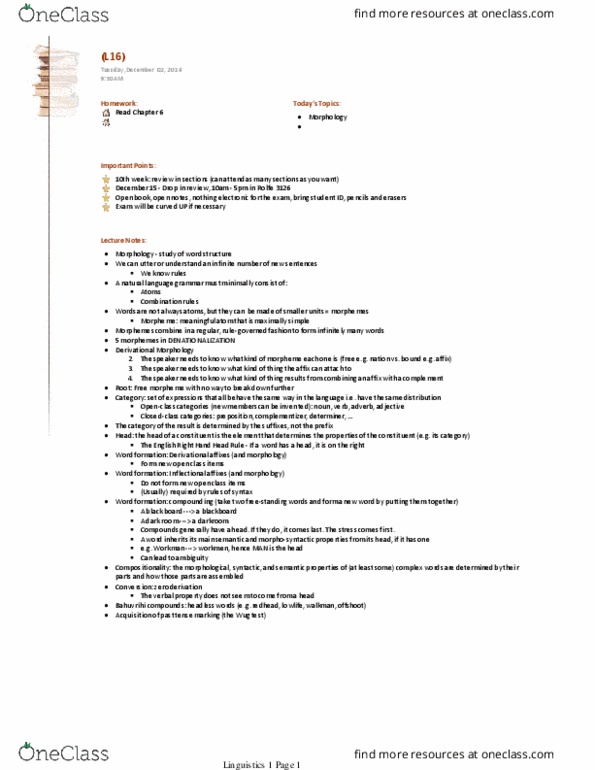 LING 1 Lecture Notes - Lecture 16: Morpheme, Preposition And Postposition, Complementizer thumbnail