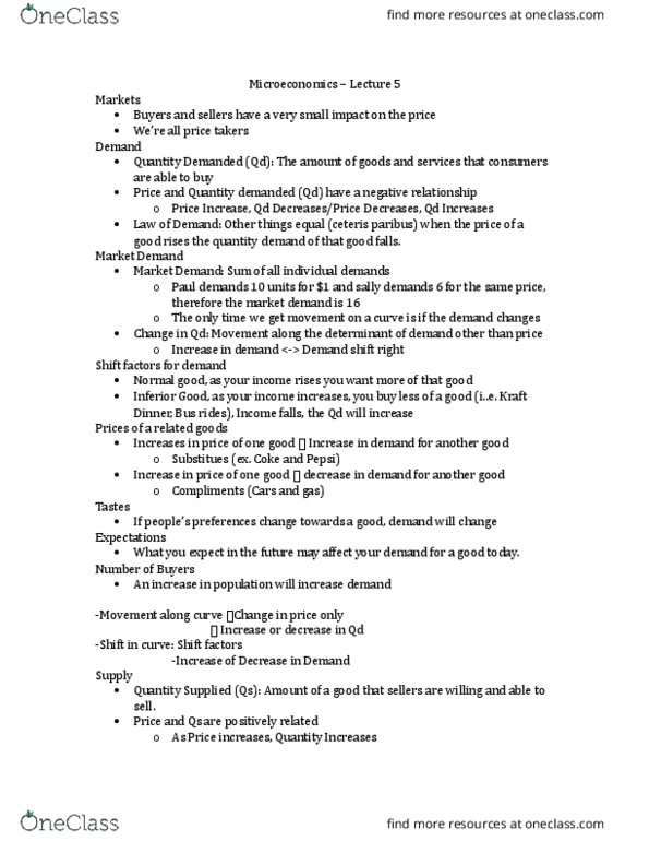 COMMERCE 1AA3 Lecture Notes - Lecture 5: Kraft Dinner, Ceteris Paribus, Normal Good thumbnail