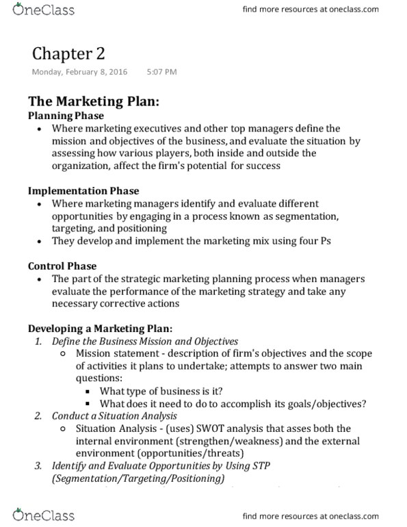 MKT 100 Chapter Notes - Chapter 2: Swot Analysis, Marketing Mix, Human Resource Management thumbnail