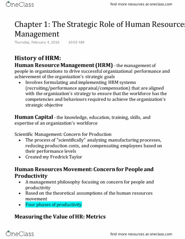 MHR 523 Chapter Notes - Chapter 1: Human Capital, Organizational Culture thumbnail