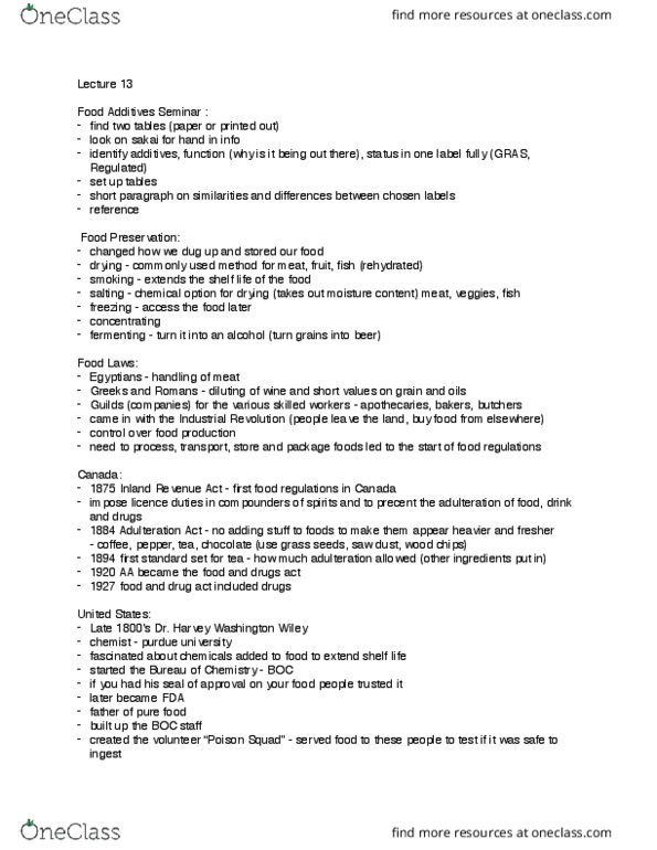 SCIE 1P51 Lecture Notes - Lecture 13: Harvey Washington Wiley, Food Drying, Food Additive thumbnail